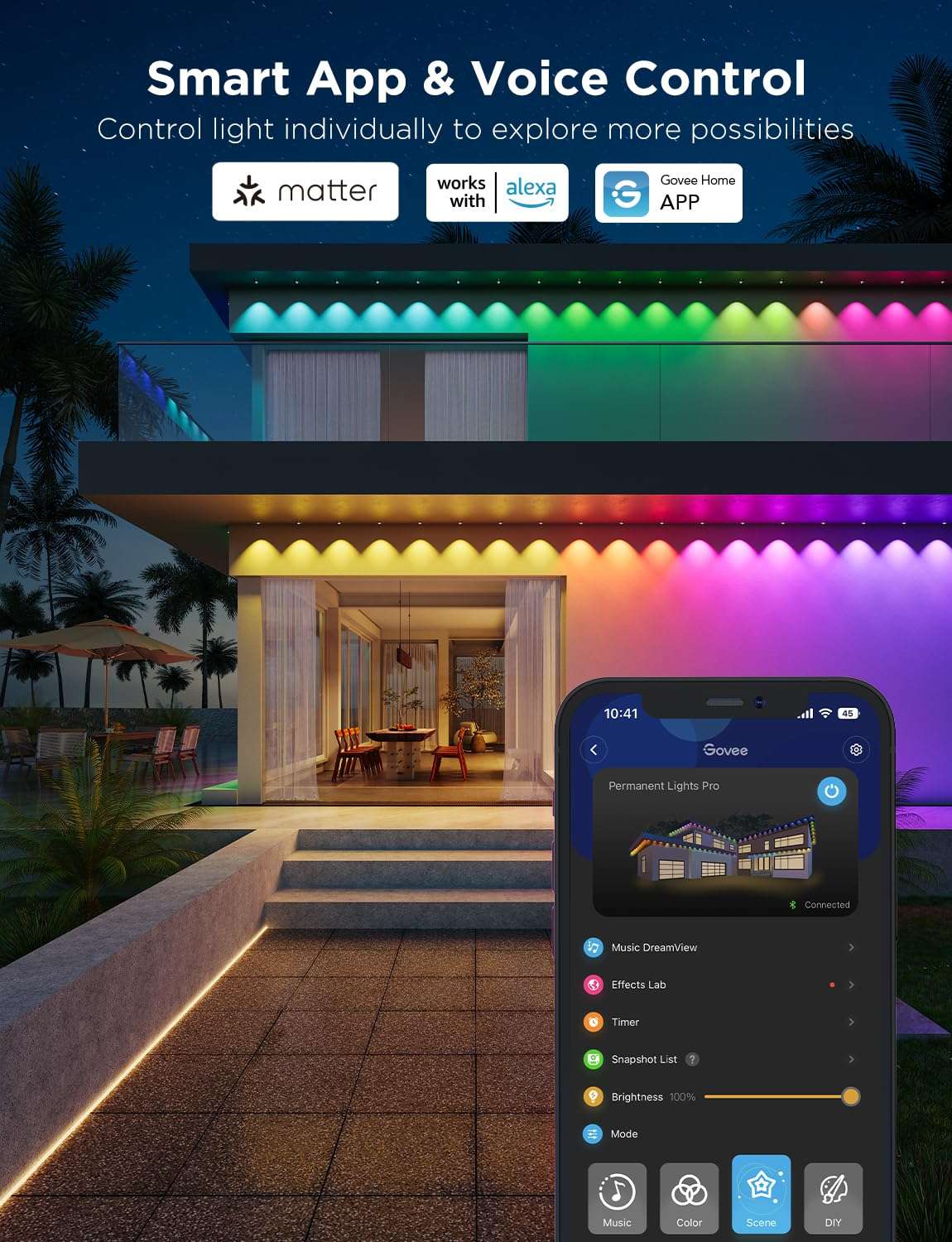 Permanent Outdoor LED Lights Pro 200ft RGBIC, 120 LEDs, 75 Scenes, Cuttable & Waterproof IP67, Smart App & Voice Control for Home & Holiday Lighting