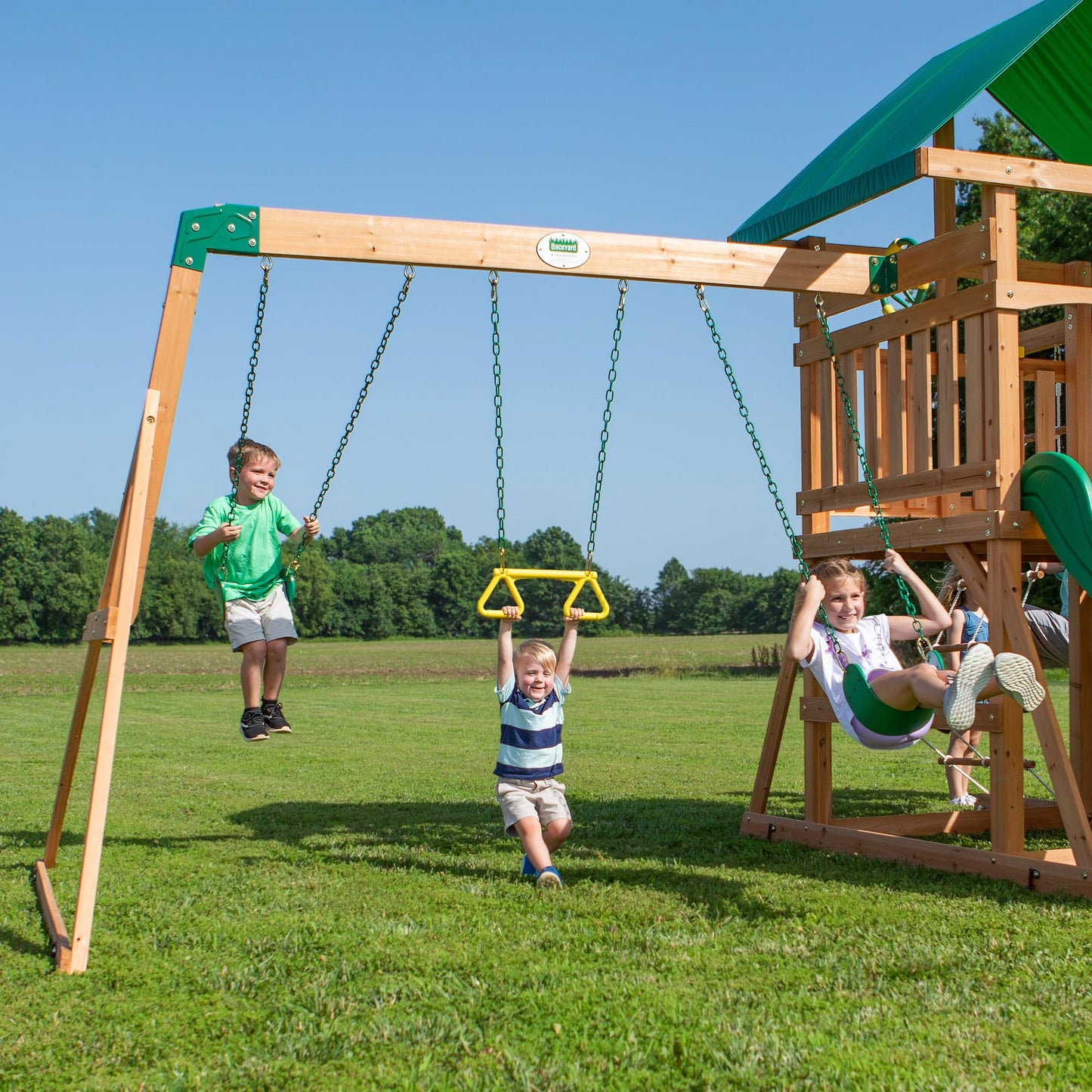 Cedar Wood Outdoor Swing Set with Wave Slide, Rock Wall, Swings, Rope Ladder, Sandbox & Play Deck for Kids