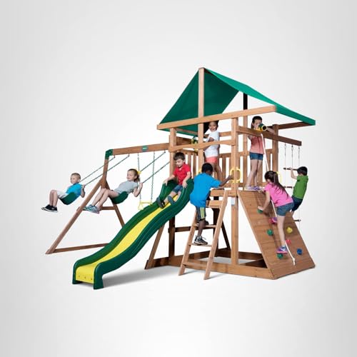 Cedar Wood Outdoor Swing Set with Wave Slide, Rock Wall, Swings, Rope Ladder, Sandbox & Play Deck for Kids