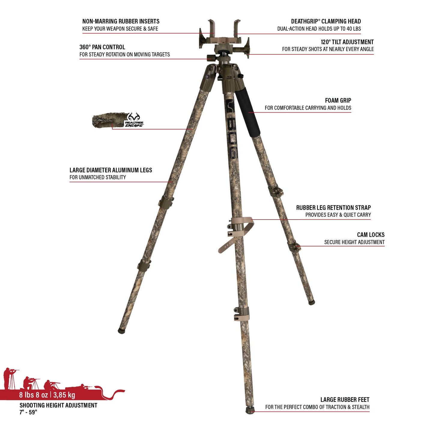 Heavy-Duty Camo Shooting Tripod – Aluminum Frame, 360° Clamp, Adjustable Legs, Bubble Level, Hands-Free Stability for Hunting