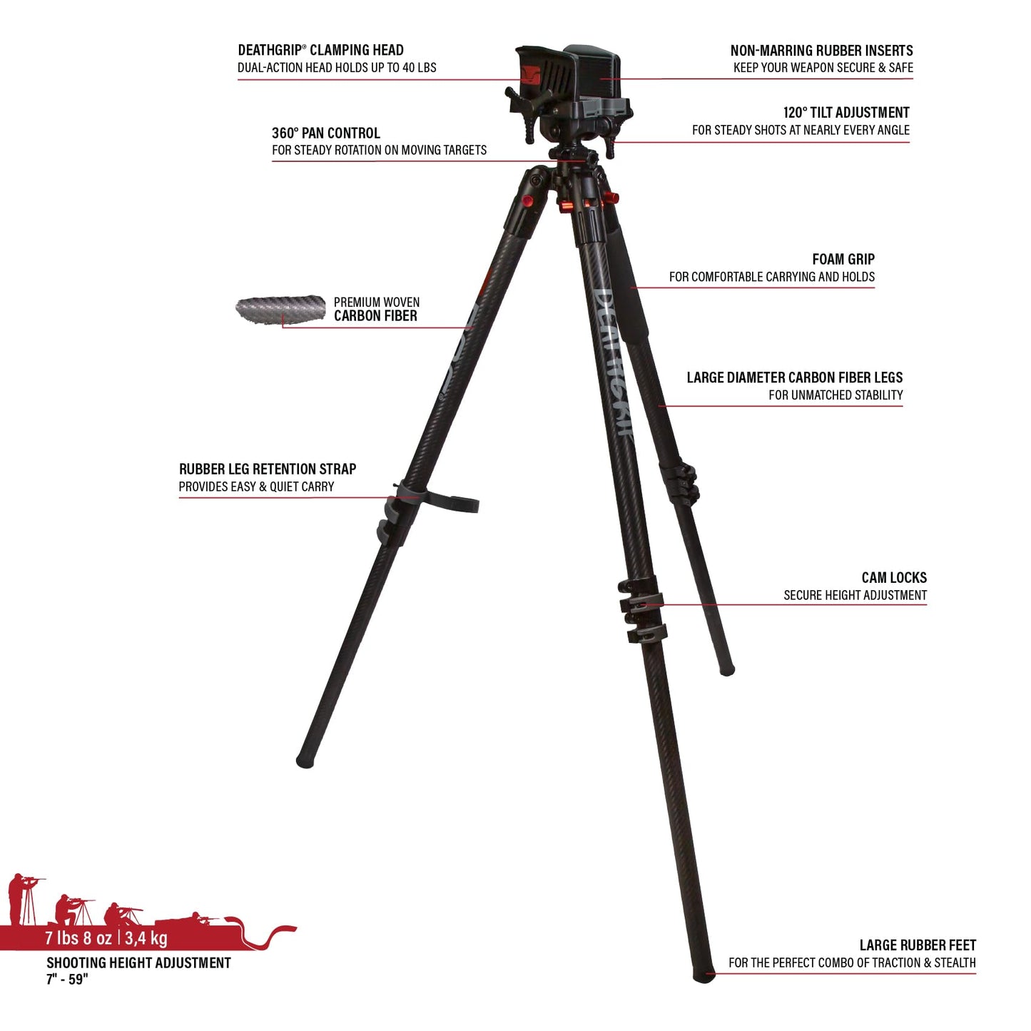 Heavy-Duty Camo Shooting Tripod – Aluminum Frame, 360° Clamp, Adjustable Legs, Bubble Level, Hands-Free Stability for Hunting