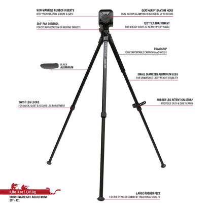 Heavy-Duty Camo Shooting Tripod – Aluminum Frame, 360° Clamp, Adjustable Legs, Bubble Level, Hands-Free Stability for Hunting