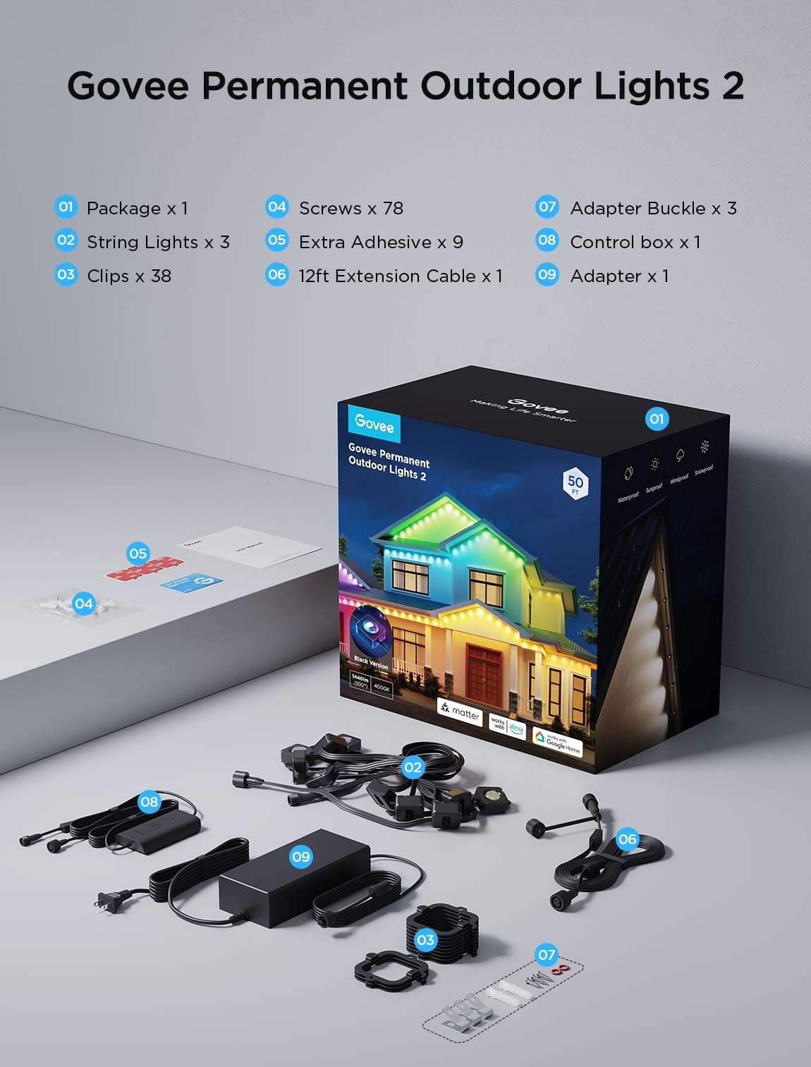 Permanent Outdoor LED Lights 100ft RGBIC, 72 LEDs, 100 Scenes, IP67 Waterproof, Smart App & Voice Control for Home & Holiday Lighting