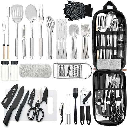 34-Piece Camping Kitchen Utensil Set – Portable Stainless Steel Cookware & Outdoor Organizer Kit
