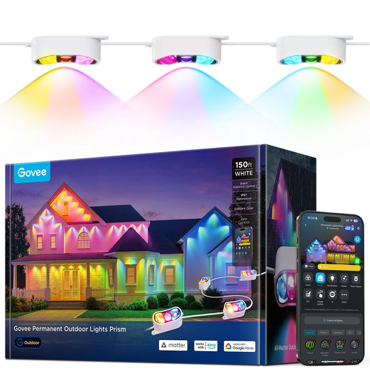 Outdoor Permanent Lights with Triple-Color Heads, 100+ Scenes, Gradient Color, 60lm Brightness, Waterproof Smart App & Voice Control