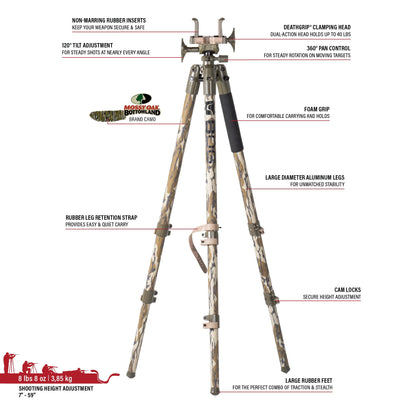 Heavy-Duty Camo Shooting Tripod – Aluminum Frame, 360° Clamp, Adjustable Legs, Bubble Level, Hands-Free Stability for Hunting