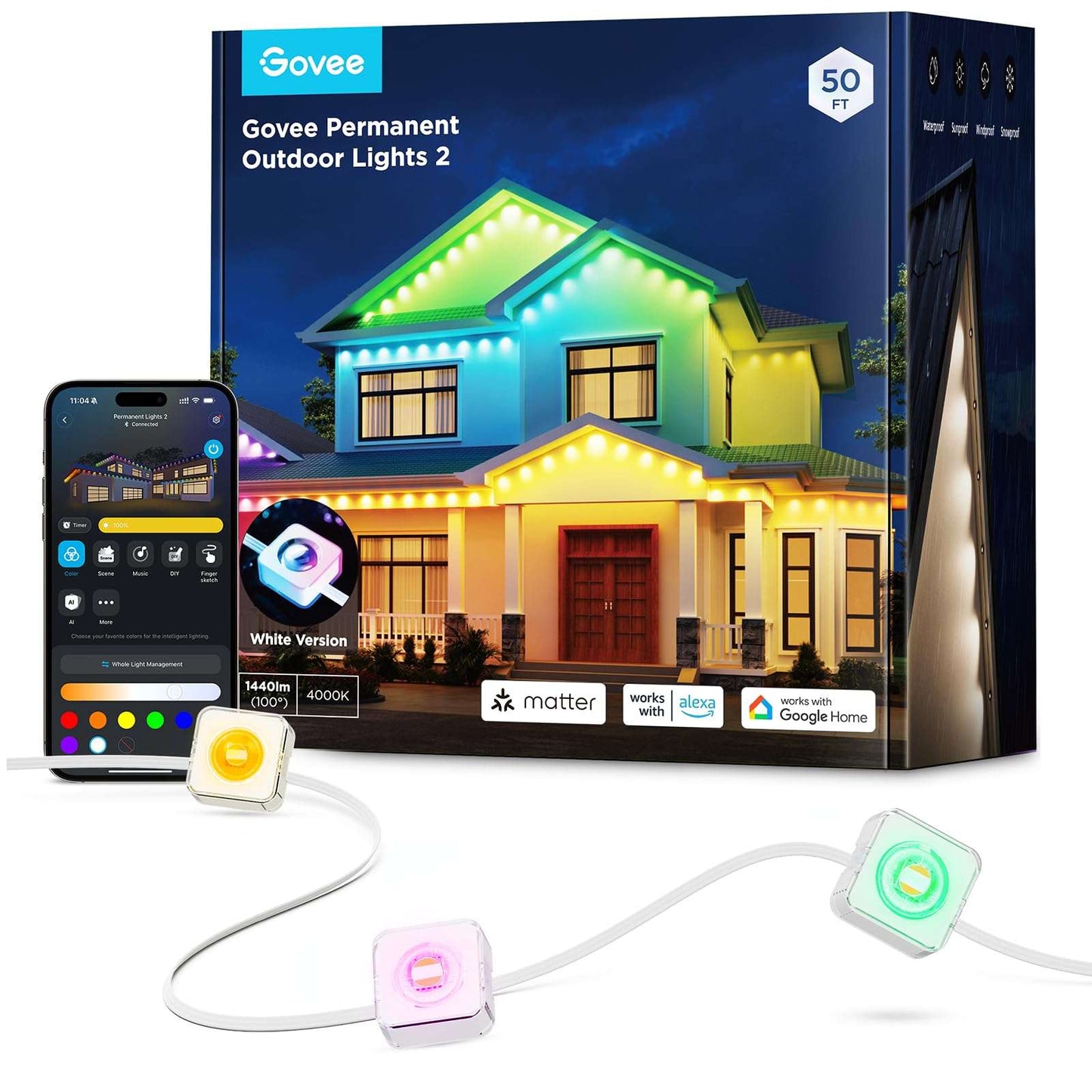 Permanent Outdoor LED Lights 100ft RGBIC, 72 LEDs, 100 Scenes, IP67 Waterproof, Smart App & Voice Control for Home & Holiday Lighting