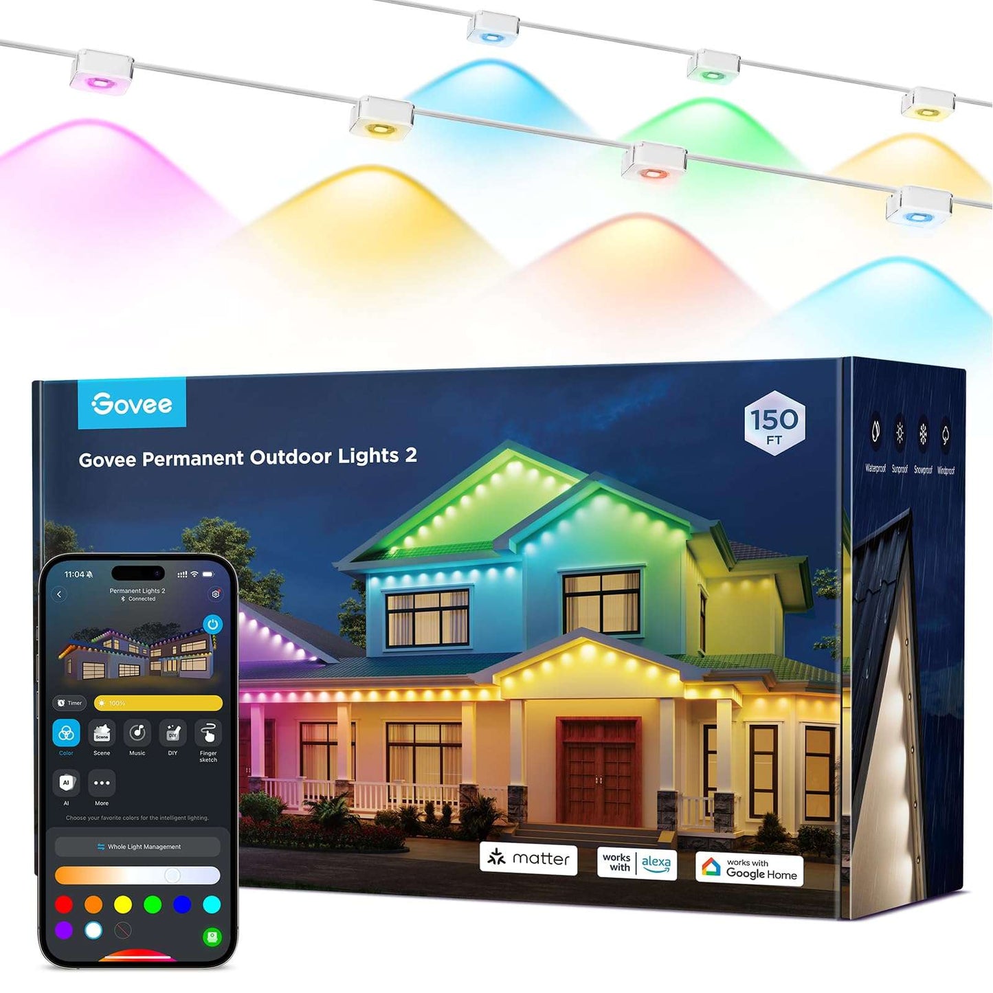 Permanent Outdoor LED Lights 100ft RGBIC, 72 LEDs, 100 Scenes, IP67 Waterproof, Smart App & Voice Control for Home & Holiday Lighting