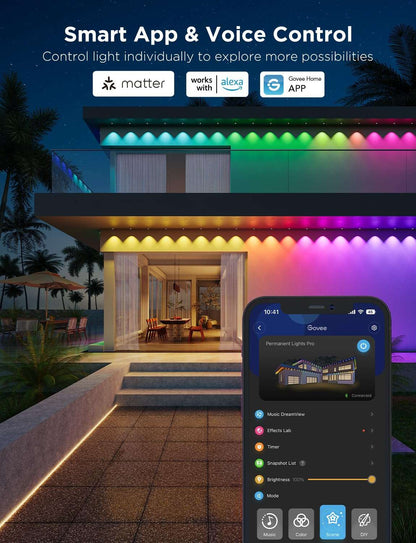 Permanent Outdoor LED Lights Pro 200ft RGBIC, 120 LEDs, 75 Scenes, Cuttable & Waterproof IP67, Smart App & Voice Control for Home & Holiday Lighting