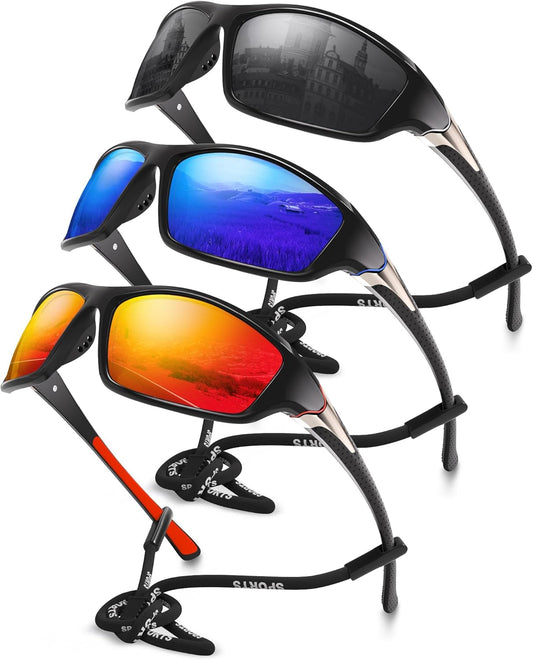 3 Pack Polarized Sports Sunglasses for Men – Wrap Around UV Protection for Cycling & Fishing
