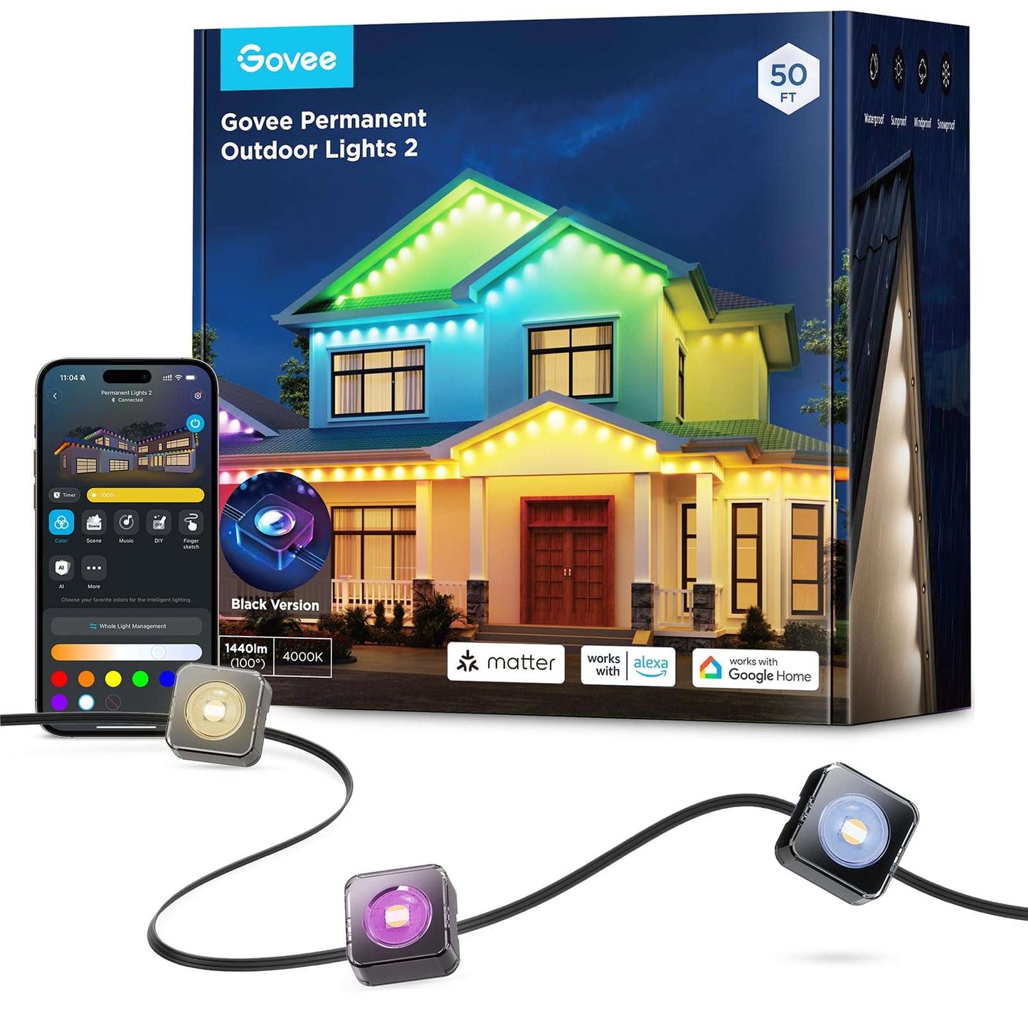 Permanent Outdoor LED Lights 100ft RGBIC, 72 LEDs, 100 Scenes, IP67 Waterproof, Smart App & Voice Control for Home & Holiday Lighting