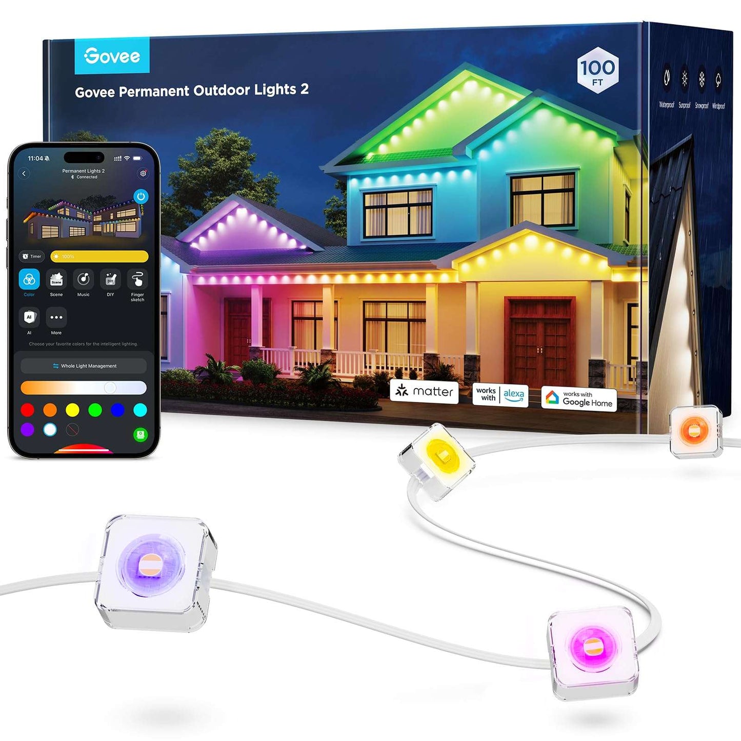 Permanent Outdoor LED Lights 100ft RGBIC, 72 LEDs, 100 Scenes, IP67 Waterproof, Smart App & Voice Control for Home & Holiday Lighting