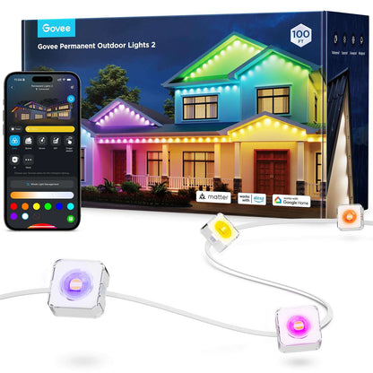 Permanent Outdoor LED Lights 100ft RGBIC, 72 LEDs, 100 Scenes, IP67 Waterproof, Smart App & Voice Control for Home & Holiday Lighting