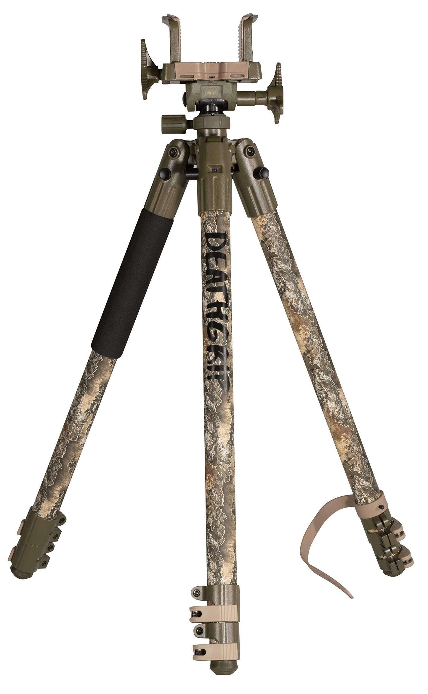 Heavy-Duty Camo Shooting Tripod – Aluminum Frame, 360° Clamp, Adjustable Legs, Bubble Level, Hands-Free Stability for Hunting