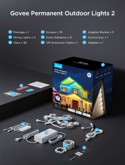 Permanent Outdoor LED Lights 100ft RGBIC, 72 LEDs, 100 Scenes, IP67 Waterproof, Smart App & Voice Control for Home & Holiday Lighting