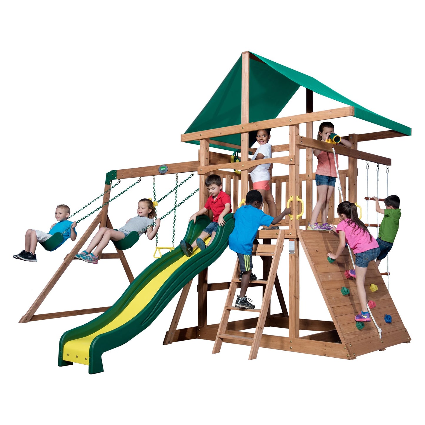 Cedar Wood Outdoor Swing Set with Wave Slide, Rock Wall, Swings, Rope Ladder, Sandbox & Play Deck for Kids