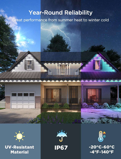 Permanent Outdoor LED Lights 100ft RGBIC, 72 LEDs, 100 Scenes, IP67 Waterproof, Smart App & Voice Control for Home & Holiday Lighting