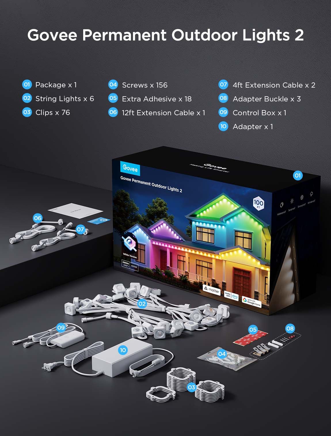 Permanent Outdoor LED Lights 100ft RGBIC, 72 LEDs, 100 Scenes, IP67 Waterproof, Smart App & Voice Control for Home & Holiday Lighting