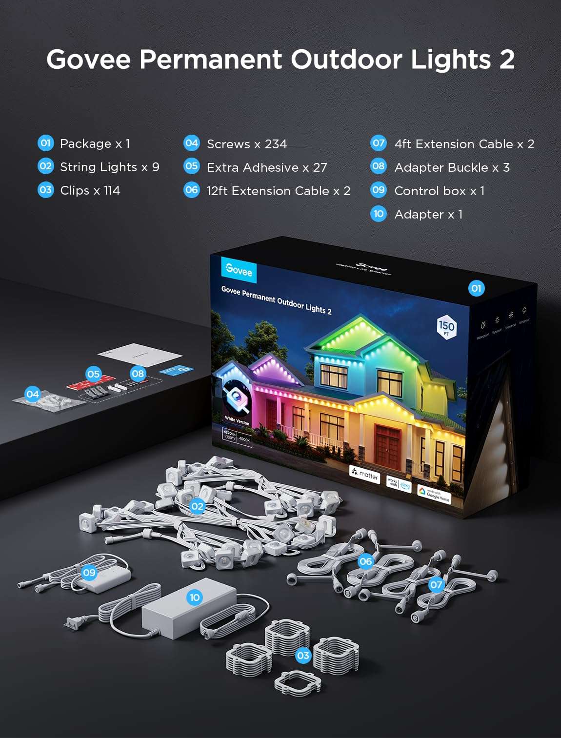 Permanent Outdoor LED Lights 100ft RGBIC, 72 LEDs, 100 Scenes, IP67 Waterproof, Smart App & Voice Control for Home & Holiday Lighting