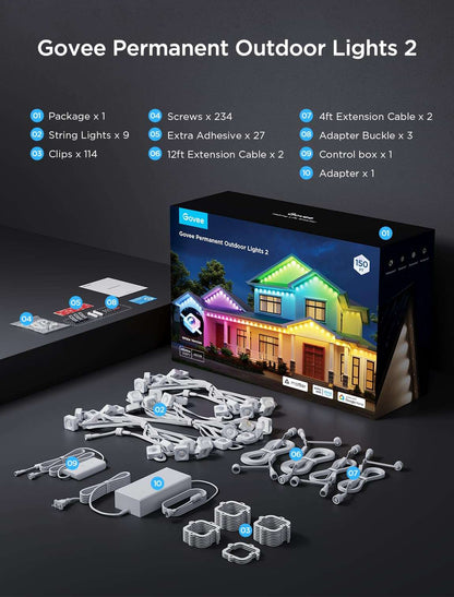 Permanent Outdoor LED Lights 100ft RGBIC, 72 LEDs, 100 Scenes, IP67 Waterproof, Smart App & Voice Control for Home & Holiday Lighting
