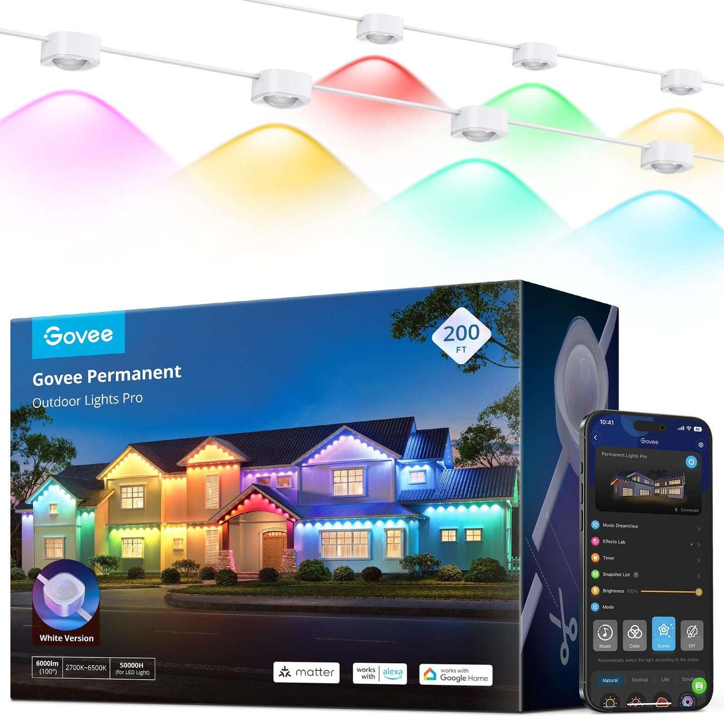 Permanent Outdoor LED Lights Pro 200ft RGBIC, 120 LEDs, 75 Scenes, Cuttable & Waterproof IP67, Smart App & Voice Control for Home & Holiday Lighting
