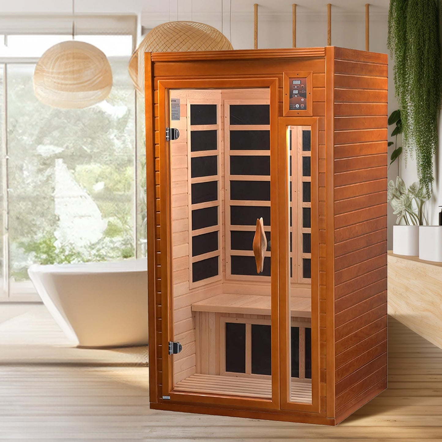 1–2 Person Indoor Infrared Sauna with Low EMF Heat, Red Light Therapy, Bluetooth Speakers & Canadian Hemlock Wood – Home Wellness Sauna