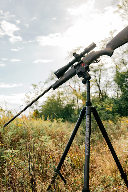 Heavy-Duty Camo Shooting Tripod – Aluminum Frame, 360° Clamp, Adjustable Legs, Bubble Level, Hands-Free Stability for Hunting