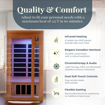 1–2 Person Indoor Infrared Sauna with Low EMF Heat, Red Light Therapy, Bluetooth Speakers & Canadian Hemlock Wood – Home Wellness Sauna
