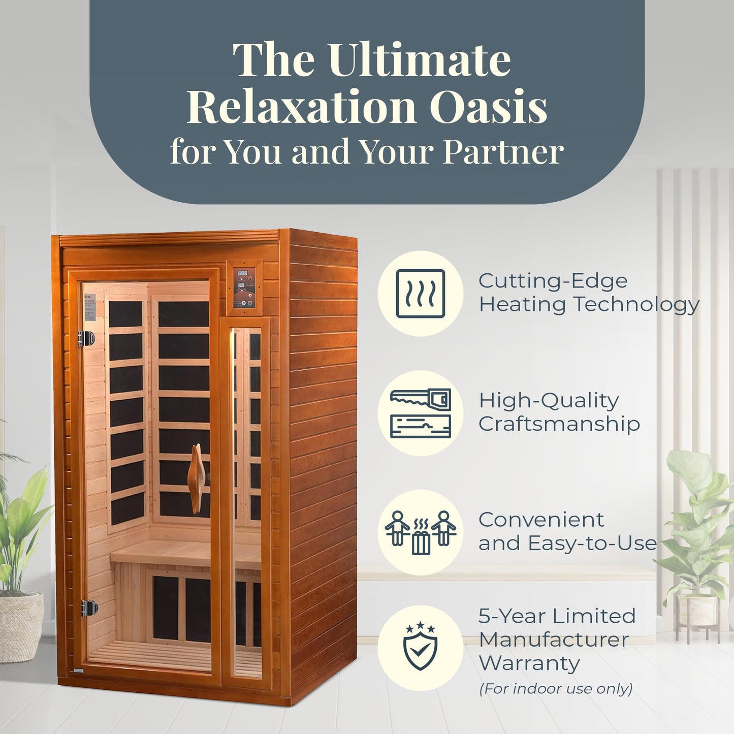 1–2 Person Indoor Infrared Sauna with Low EMF Heat, Red Light Therapy, Bluetooth Speakers & Canadian Hemlock Wood – Home Wellness Sauna