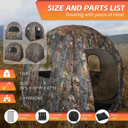 360° See-Through Hunting Blind with Floor Mat, Pop-Up Camouflage Ground Tent for 3–4 People with Carry Bag