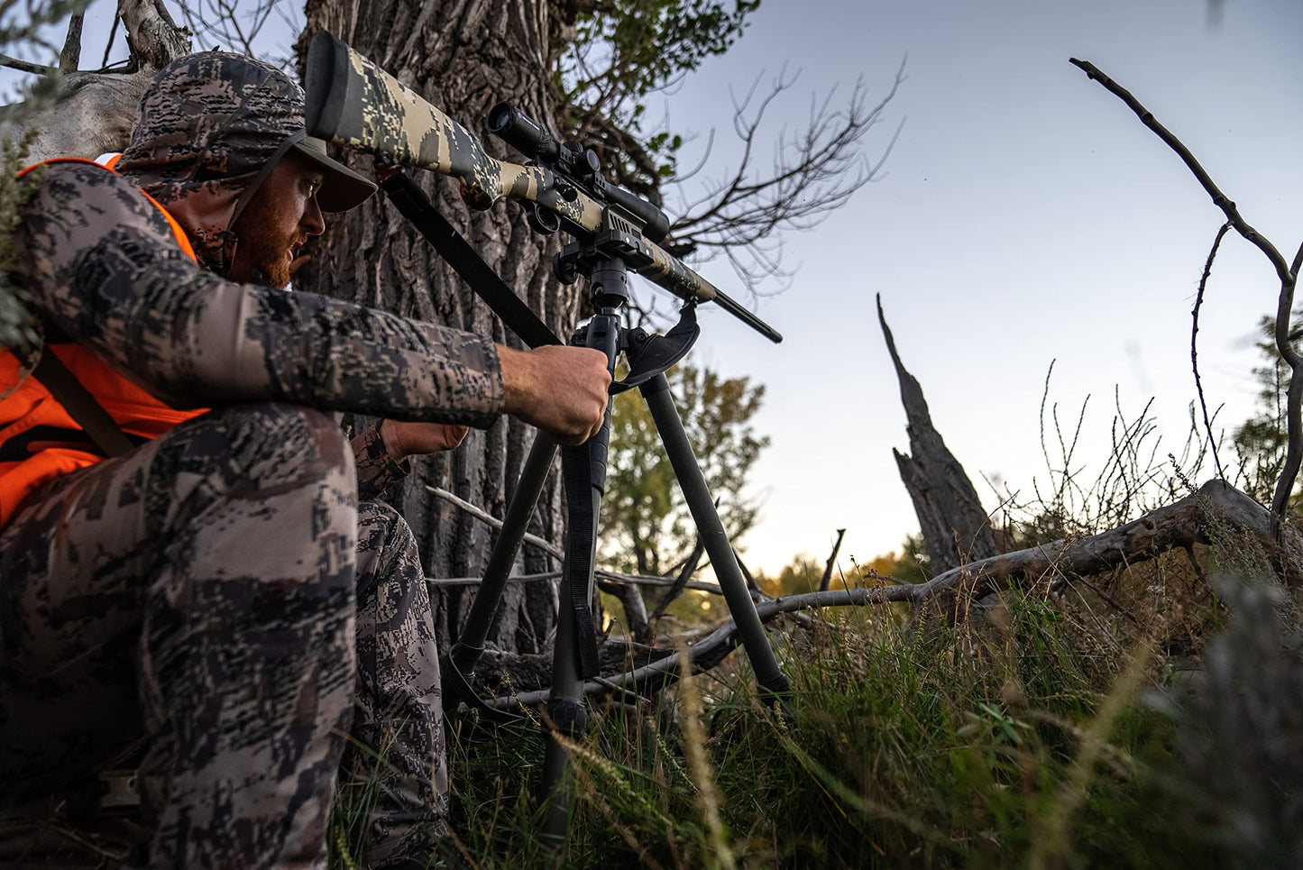 Heavy-Duty Camo Shooting Tripod – Aluminum Frame, 360° Clamp, Adjustable Legs, Bubble Level, Hands-Free Stability for Hunting