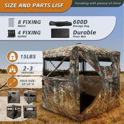 360° See-Through Hunting Blind with Floor Mat, Pop-Up Camouflage Ground Tent for 3–4 People with Carry Bag