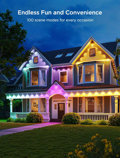 Permanent Outdoor LED Lights 100ft RGBIC, 72 LEDs, 100 Scenes, IP67 Waterproof, Smart App & Voice Control for Home & Holiday Lighting