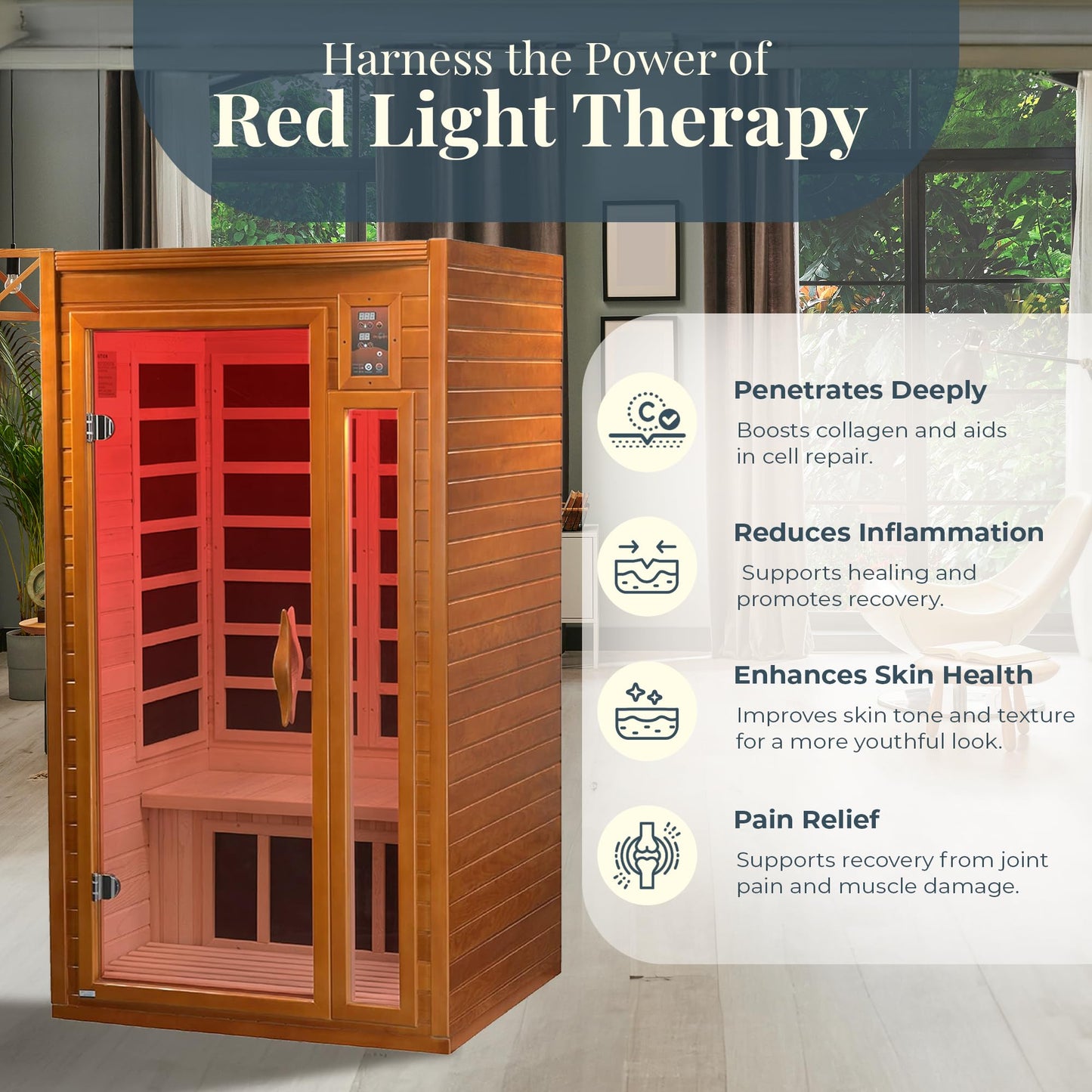 1–2 Person Indoor Infrared Sauna with Low EMF Heat, Red Light Therapy, Bluetooth Speakers & Canadian Hemlock Wood – Home Wellness Sauna