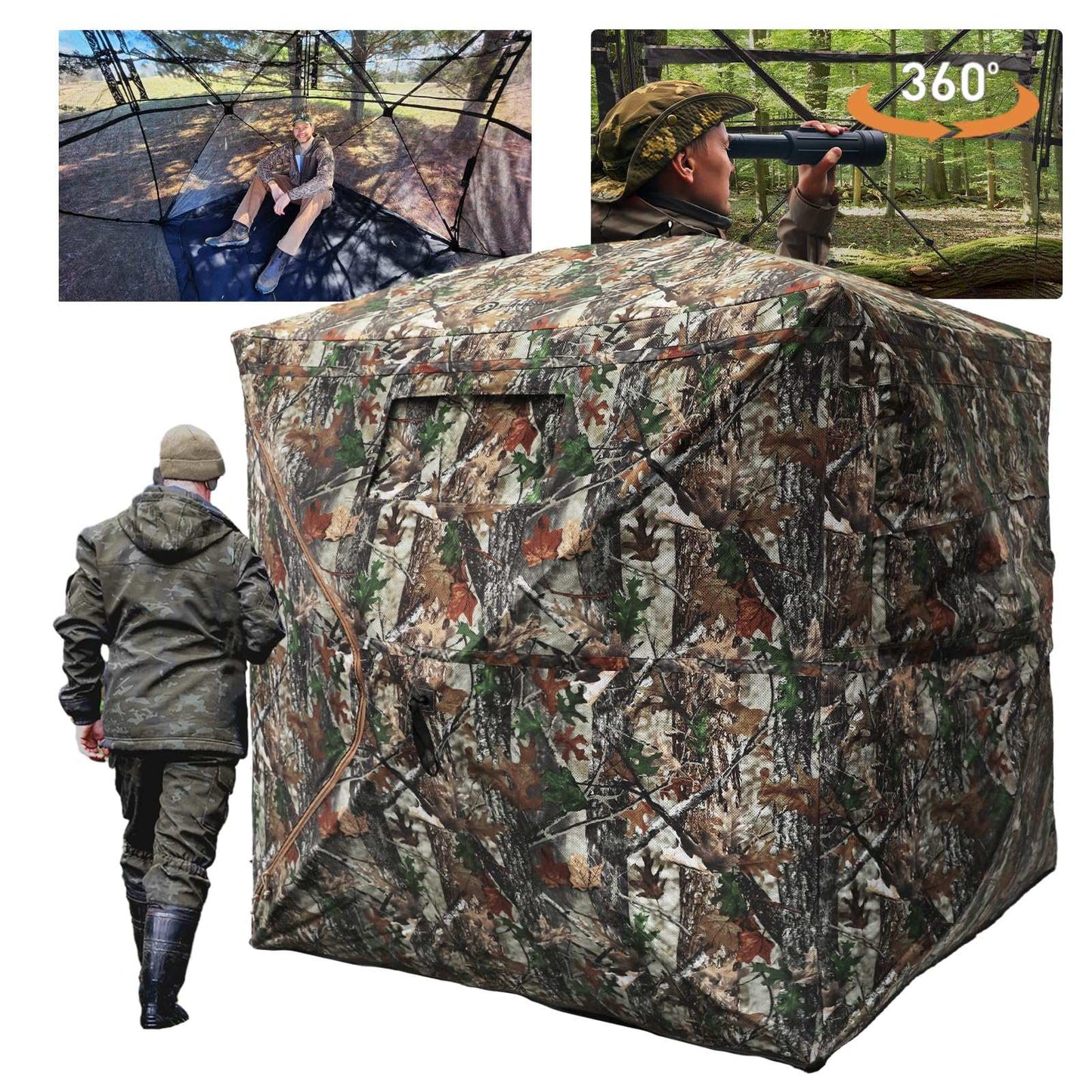 360° See-Through Hunting Blind with Floor Mat, Pop-Up Camouflage Ground Tent for 3–4 People with Carry Bag