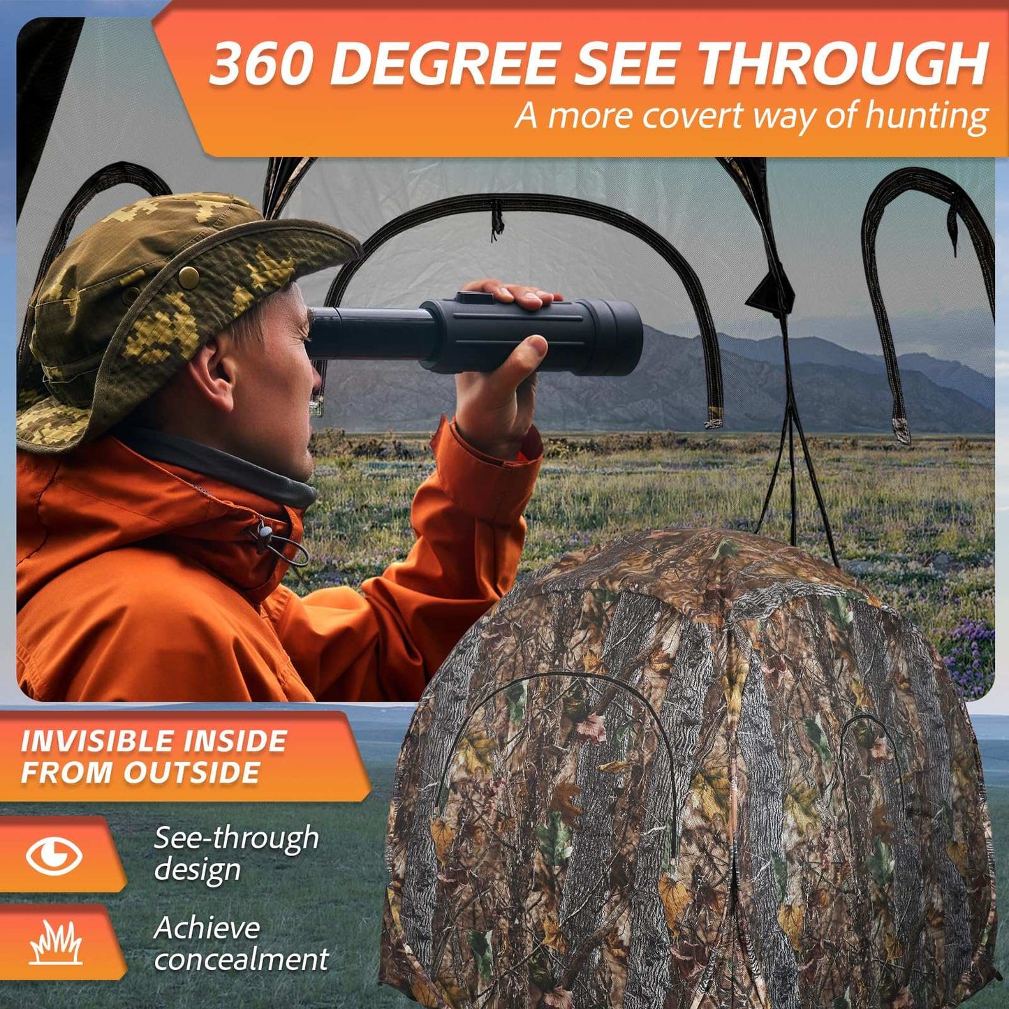 360° See-Through Hunting Blind with Floor Mat, Pop-Up Camouflage Ground Tent for 3–4 People with Carry Bag