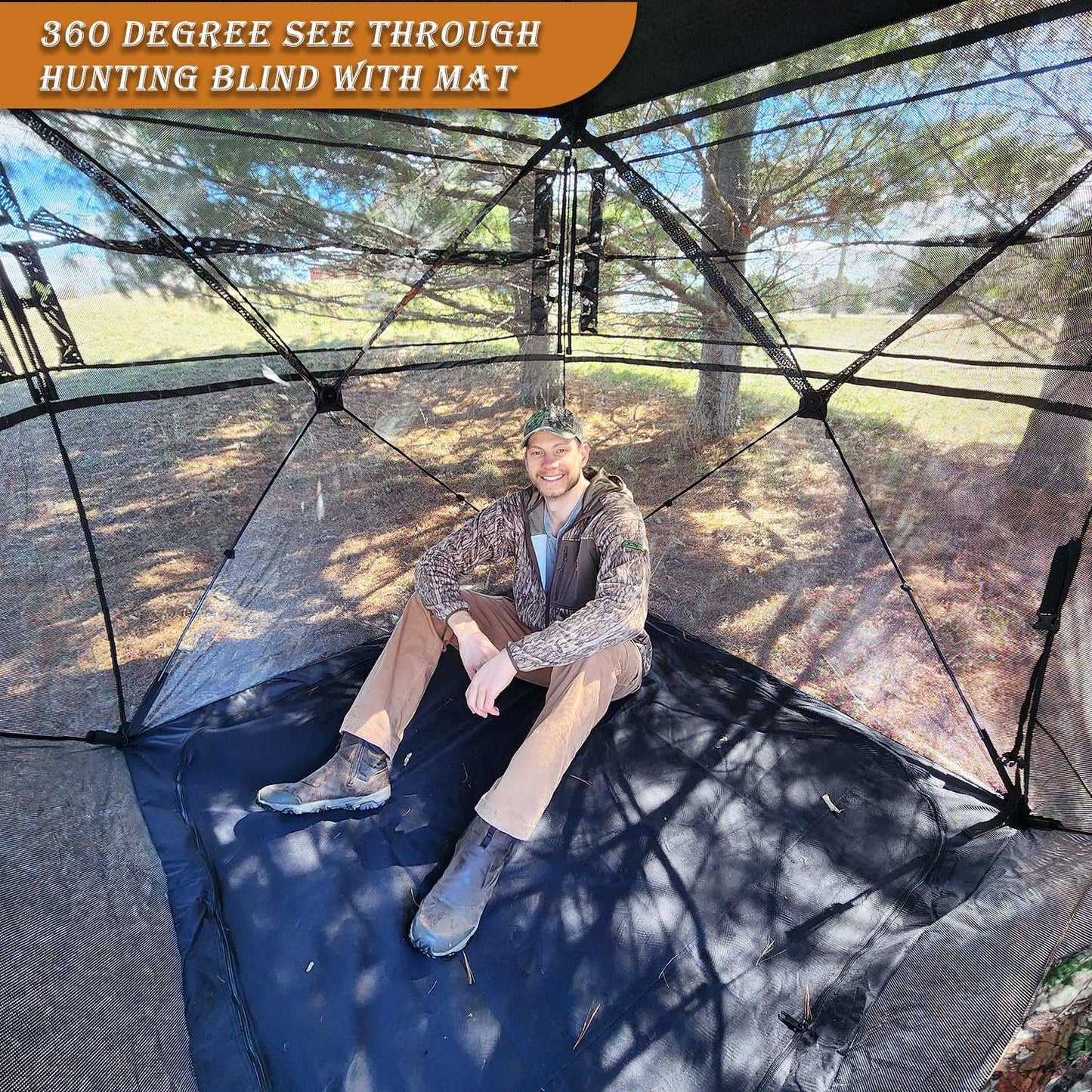 360° See-Through Hunting Blind with Floor Mat, Pop-Up Camouflage Ground Tent for 3–4 People with Carry Bag