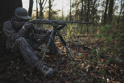 Heavy-Duty Camo Shooting Tripod – Aluminum Frame, 360° Clamp, Adjustable Legs, Bubble Level, Hands-Free Stability for Hunting