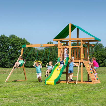 Cedar Wood Outdoor Swing Set with Wave Slide, Rock Wall, Swings, Rope Ladder, Sandbox & Play Deck for Kids